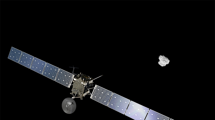 Artist impression of ESA's Rosetta approaching comet 67P/Churyumov-Gerasimenko. The comet image was taken on 2 August 2014 by the spacecraft's navigation camera at a distance of about 500 km. The spacecraft and comet are not to scale.